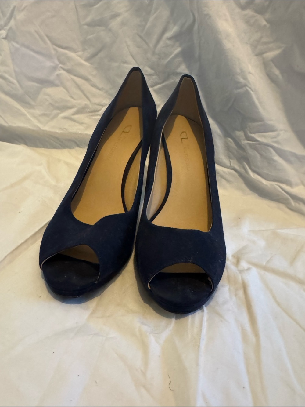 CL by Laundry Navy Suede Peep-Toe Platform Heels